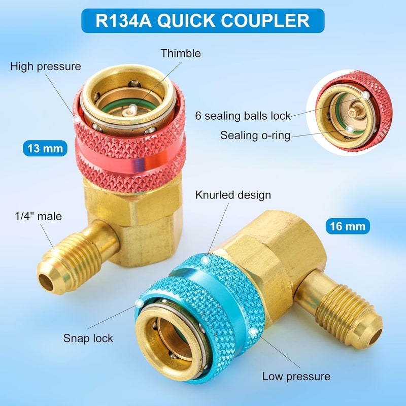 Tigbear AC R134A Quick Coupler Adapter, R12 to R134A Quick Coupler, Low High 90 Degree Connector 1/4 with Tank Adapter 1/4 Female x 1/2 Acme Male - Image 2